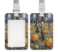 Skeleton Ball Pumpkin Field Badge Holder Waterproof Plastic ID Card Badge Holders with Lanyard Vertical Card Case Protector Pouch Clear Window Work Badges for Women Men