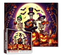 Skeleton Band Halloween Bonfire Pumpkin Party 1000 Piece Jigsaw Puzzle for Adults Students Fun Jigsaw with Music Scene Instruments Guitar Violin Candles Moonlight Night Scene Puzzle 20x27 Inches