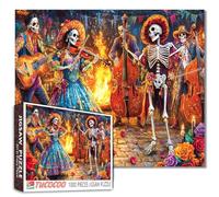 Skeleton Band Playing Music at Festive Night 1000 Piece Jigsaw Puzzle for Adults Students 20×27 Inches Colorful Day of The Dead Instruments Traditional Dress Fun Halloween Puzzle Gift for Collectors