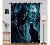 Skeleton Black Cat Curtains for Living Room Bedroom, Thermal Insulated Eyelet Curtain, Raven Patterned Blackout Curtains, 54 Drop Window Treatments Drapes, W 46" x L 54" (2 Panels) AJ1356