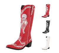 Skeleton Boots Halloween Boots For Women Western Cowboy Boot V Neck Pointed Toe Boot Spooky Printed Booties Scary Festival Booties Mid Low Block Bootie Vintage Pattern Bootie