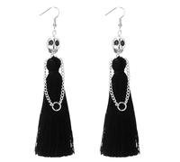 Skeleton Bride Halloween Gothic Skull Tassel Earrings, Black & Silver