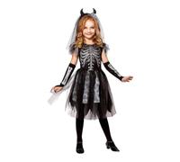 Skeleton Bride Kids Costume 3-piece, dress with accessories in skeleton bride look for Halloween, carnival and theme party e819