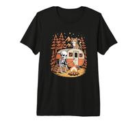 Skeleton Camper Relaxing by the Campfire with an Orange Fox Premium T-Shirt