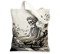 Skeleton Canvas Tote Bag, Fanciful Artistic Piano Musical Notes Halloween Black Market Tote Bags 13x15 Inch, Black, 13x15 Inch