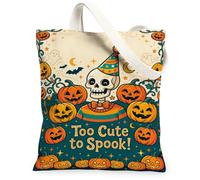Skeleton Canvas Tote Bag, Fanciful Festive Pumpkins Moon Halloween Orange Market Tote Bag 13x15 Inch, Orange, 13x15 Inch