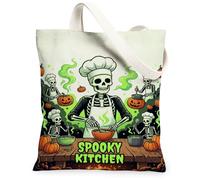 Skeleton Canvas Tote Bag, Fanciful Playful Pumpkins Cauldron Halloween Green Everyday Tote Bags 13x15 Inch, Green, 13x15 Inch