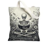 Skeleton Canvas Tote Bag for Women, Gothic Dark Flowers Butterflies Halloween Black Washable Reusable Grocery Bags Ideas Fo, Black, 13x15 Inch