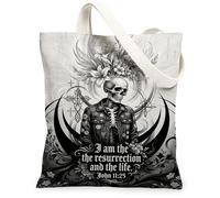 Skeleton Canvas Tote Bag for Women, Gothic Dark Flowers Cross None Black Washable Reusable Market Tote Bags Ideas for Family Friends Colleagues Reading Loves 13x15 Inch