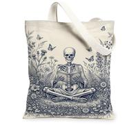 Skeleton Canvas Tote Bag for Women, Gothic Nature Butterfly Flower Fall Navy Washable Reusable Market Tote Bag Ideas for Sh, Navy, 13x15 Inch