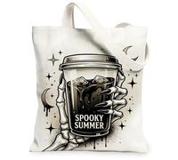 Skeleton Canvas Tote Bag for Women, Summer Spooky Coffee Cup Stars Summer Black Washable Reusable Small Tote Bag Ideas for, Black, 13x15 Inch