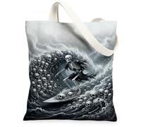 Skeleton Canvas Tote Bag, Gothic Fanciful Waves Skulls Halloween Black Everyday Tote Bag 13x15 Inch, Black, 13x15 Inch