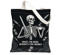 Skeleton Canvas Tote Bag, Gothic Humorous Sword Cup Halloween Black Market Tote Bag 13x15 Inch, Black, 13x15 Inch