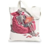 Skeleton Canvas Tote Bags, Fun Skeleton Art Reusable Grocery Bags, Lightweight Washable Shoulder Strap Canvas Bags for Gym Outdoor Travel Beach Picnic 13x15 Inch