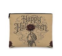 Skeleton Canvas with Zipper, Gothic Fanciful Rose Stars Halloween Brown Canvas with Zipper Cosmetic Pouch for Travel, Bathroom, Vanity Organizer and Purse Storage, Brown, 7x9 Inch, Gothic
