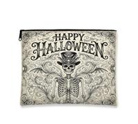 Skeleton Canvas with Zipper, Gothic Vintage Top Hat Bat Halloween Black Canvas with Zipper Cosmetic Bag for Purse for Travel, Vanity, Bathroom, Purse Storage and Daily Use, Black, 7x9 Inch, Gothic
