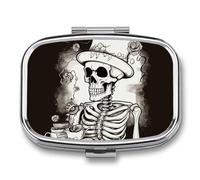 Skeleton Chef Pill Box, 2 Compartments, Square Pill Container, Portable Pocket Pill Box or Pill Organizer to Hold Vitamins, Medicines, Fish Oil, etc