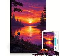 Skeleton Contemplating Sunset by The Lake 1000 Piece Jigsaw Puzzles for Adults Jigsaw Think Toy Calm Relax Clean Cut Wall Art Decor 38x26cm