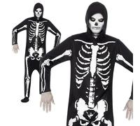 Medium Adult's Black Hooded All In One Skeleton Costume. - skeleton costume fancy dress adult mens halloween outfit jumpsuit one hooded