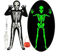 Skeleton Costume Kids Boys Girls 3-4 4-5 6-7 7-8 8-9 10-12 Glow In The Dark Scary Halloween Skeleton Costume Onesie Outfit Fancy Dress Kids Boys with Light up Skull Figure Glove Mask Pumpkin Bag