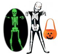 Skeleton Costume Kids, Halloween Costume, 5 Pcs Halloween Light Up Skeleton Onesie Set Party With Pumpkin Candy Bag Accessories Cosplay Props, for Kids Boy Girl Party Decoration (S)