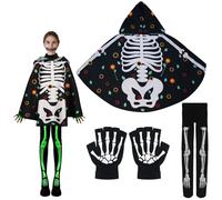 Skeleton Costume Women's Skeleton Cape with Hood with Skeleton Tights Women's Face Gloves Scary Halloween Costume for Halloween Carnival Day of the Dead Ghost Bride Cosplay