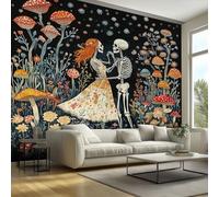 Skeleton Couple Mural Wallpaper, Mushroom Wildflower Wallpaper for Bedroom, Living Room, TV Backdrop, Office, 3D Large Wall Mural Non-Woven Wall Paper 400 x 280 cm (WxH) oT70