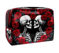 Skeleton Couple on Love Heart of Red Roses Cosmetic Bag for Women, Travel Toiletries Bags Large PVC Makeup Handy Pouch Organiser with Zipper