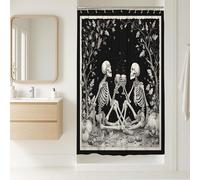 Skeleton Couple Shower Curtain, Black White Halloween Bathroom Decor, Spooky Autumn Gothic Style Waterproof Fabric Shower Curtain with Hooks 36x72 Inch