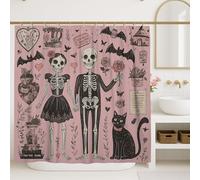 Skeleton Couple Shower Curtain, Peach Gothic Halloween Decor, Vintage Style Bathroom Set, Spooky Autumn Fun Waterproof Fabric Shower Curtain with Hooks 72x84 Inch