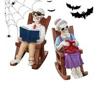 Skeleton Couple Statue | Rocking Chair Skull Figurine Ornament | Resin Couple Statue Reading for Bookshelf Mantel Home Table Halloween Bedroom Decor