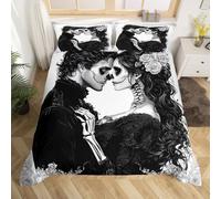 Skeleton Couples Bedding Set Single Size,Gothic Halloween Theme Comforter Cover Set for Kids Girls Boys Room Decor,Roses Floral Duvet Cover Breathable(No Comforter),Dark Black