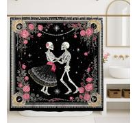 Skeleton Dance Shower Curtain, Black Floral Roses Bathroom Decor, Halloween Vintage Romantic Style Waterproof Fabric Shower Curtain with Hooks 72x84 Inch