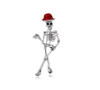 Skeleton Dancer Brooch Silver Dancing Skull Halloween Statement Badge Breastpin Fashion Gothic Punk Metal Hat Bag Package Dress Decoration Jewelry Gifts (Red)