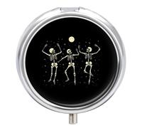 Skeleton Dancing Under Moon Funny Round Pill Organizer Travel Pharmacy Box Portable Medicine Case with 3 Compartments