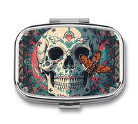 Skeleton Death Moth Pill Box, 2 Compartment Medicine Pill Case, Portable Pill Organizer for Pocket Or Purse Decorative Metal Medicine Vitamin Organizer