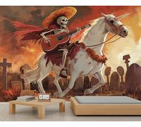 Skeleton Día De Muertos Western Wallpaper Day of The Dead Wallpaper for Living Room Guitar Skull Cowboy Wall Murals for Bedroom White Horse Kids Room Mural 150X105cm