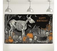 Skeleton Dog Birthday Backdrop, Spooky Halloween Party Decoration, Creepy Vintage Design for Indoor/Outdoor Photo Booth, Fall Celebration Background 71x43 Inch