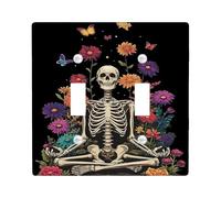 Skeleton Double Light Switch Cover Plate, Halloween Bohemian Flowers Butterflies Halloween Black Plastic Standard Size Wall Switch Plates Accents for Home Living Room Bedroom Bathroom Decor