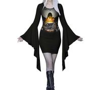 Skeleton Dress Woman Halloween Pumpkin Spooky Cute Floral Prints Bodycon Spiderweb Flared Bell Long Sleeve Mini Crewneck Slim Fit Bat Pencil Dresses Gothic Vampire Skull Dress, Black, XL