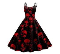 Skeleton Dress Woman Halloween Vintage 50s Black Cat Sleeveless V Neck Audrey Hepburn Spaghetti Straps Cocktail Festive Rockabilly Party Midi Womens Horror Prom Dress, Red, M