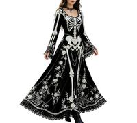Skeleton Dress Women Long Sleeve Lace Gothic Halloween Dresses Costumes | Women's Skeleton Print Maxi Dress, Long Sleeve Gothic Velvet Floral Long Dress For Cosplay Masquerade Party Costume