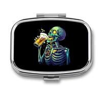 Skeleton Drinking Beer Funny Square Pill Organizer Travel Pharmacy Box Portable Medicine Case with 2 Compartments