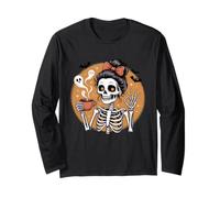 Skeleton Drinking Coffee Cute Halloween Design 55 Characters Long Sleeve T-Shirt