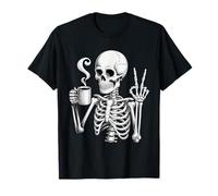 Skeleton Drinking Coffee Gothic Peace Sign Halloween Grunge T-Shirt