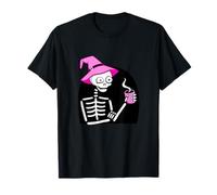 Skeleton Drinking Coffee Pink Witch Hat Halloween Funny T-Shirt