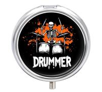 Skeleton Drummer Cute Travel Pill Organizer Portable Small Round Medicine Case Box for Pocket Purse