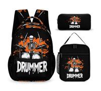 Skeleton Drummer Printed Dayback Set with Lunch Bag And Pencil Case Lightweight Classic Backpack Set 3pcs