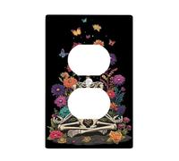 Skeleton Duplex Outlet Covers Wall Plate, Halloween Bohemian Flowers Butterflies Halloween Black Plastic Standard Size Face Plates for Electrical Outlets for Home Living Room Bedroom Bathroom Decor