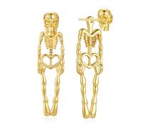 Skeleton Earrings for Women - Long Drop Skull Design with Heart Hip, Gold or Silver Tone Post Dangles, Gothic Halloween Accessories & Party Jewelry, Regular Size, Copper, No Gemstone